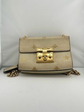 Gucci Padlock Bee Star Small Shoulder Bag Leather and Embroidery Light Beige